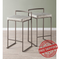 Lumisource B26-FUJI ANLGY2 Fuji Industrial Stackable Counter Stool in Antique with Light Grey Cowboy Fabric Cushion - Set of 2